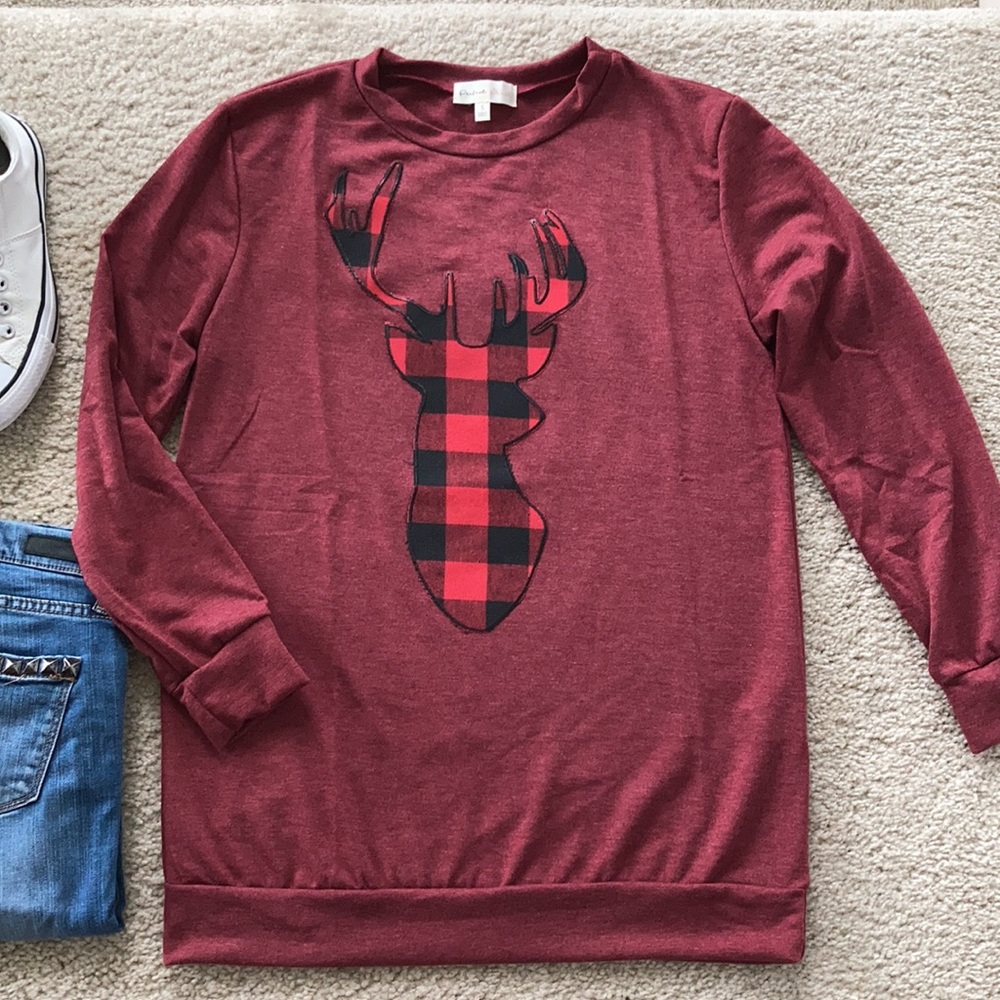 French Terry Long Sleeve Plaid Reindeer Top - Picture 7 of 10